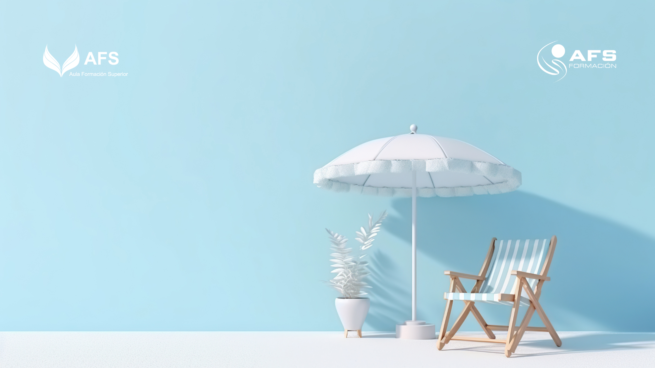 Foto azul con una sombrilla y unas sillas. Transmite perfectamente la esencia de verano.