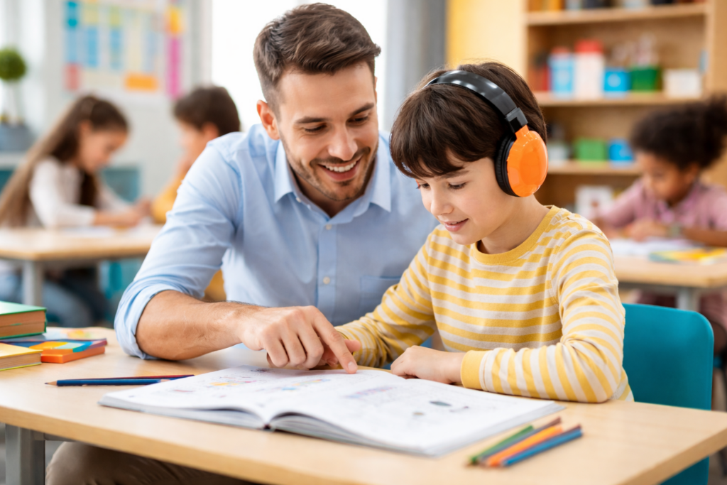 atención al alumnado con necesidades educativas especiales en el aula con profesor apoyando a niño con autismo